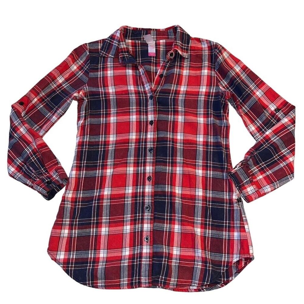 No Boundaries Womens Plaid Flannel Shirt Top Red Navy Blue Collared Long Sleeve